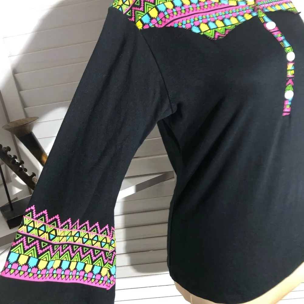 Know Mexico Boho Blouse Ethnic Print Black Cotton Stretch Medium - Image 5
