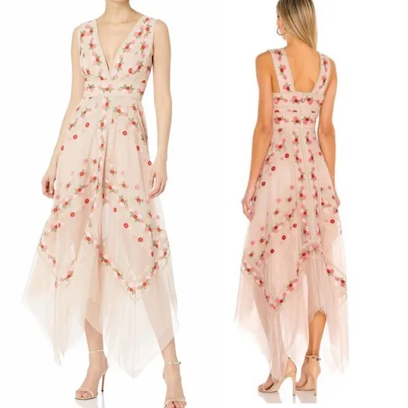 BCBGMAXAZRIA Pink Embroidered floral Tulle Asymmetrical Cocktail Evening Dress 0 - Image 2