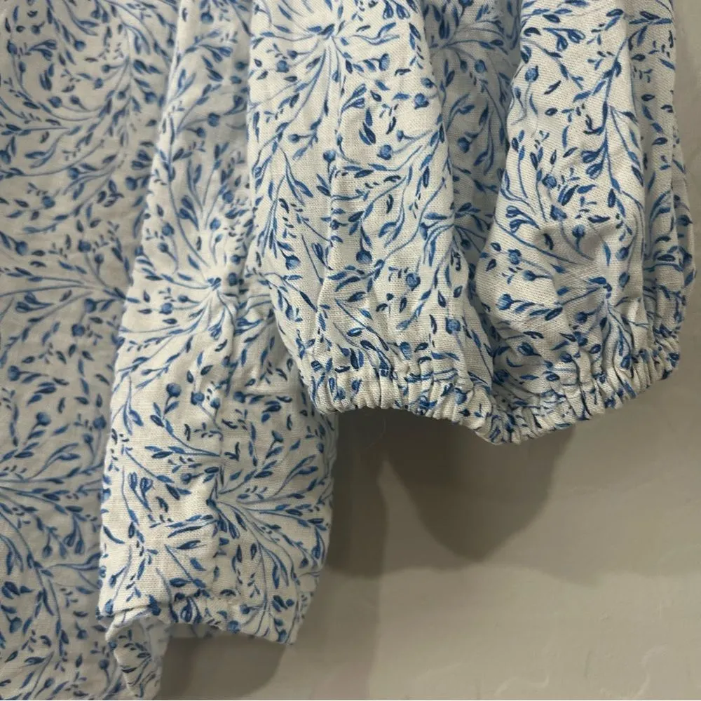 H&M Linen Blend Balloon Sleeve Blouse Women’s Small White Blue Floral Romantic - Image 4
