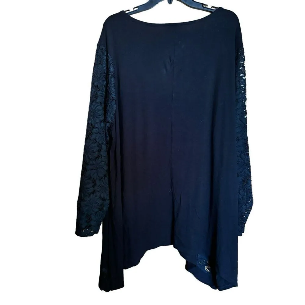 Avenue Top Women 26 28 Black Scoop Neck Lace Sleeves Stretch Asymmetrical Blouse - Image 5