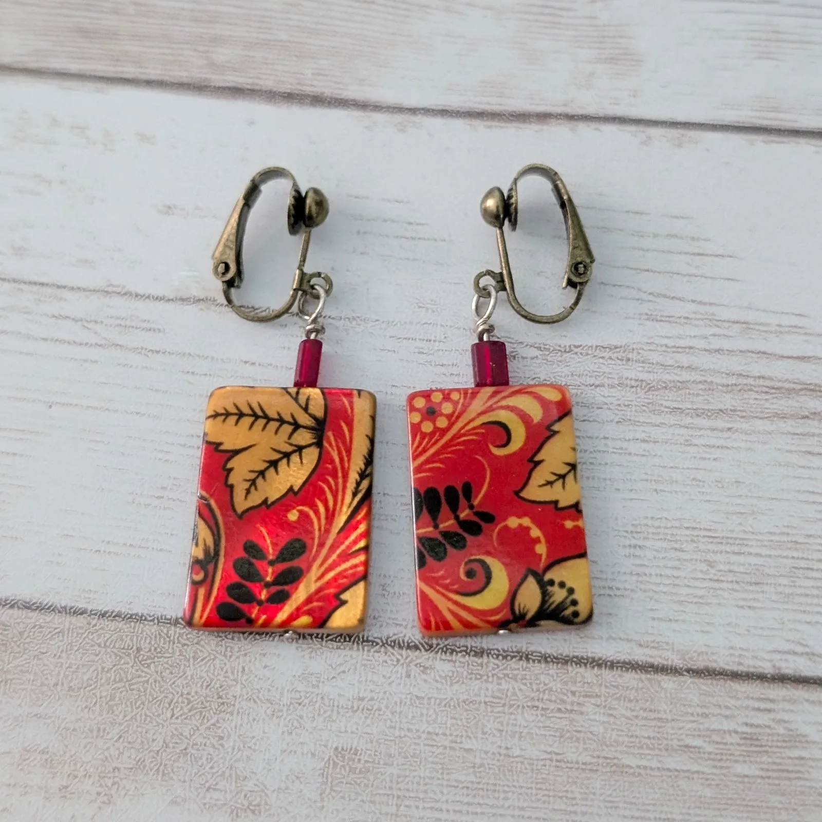 Vintage Clip On Earrings Redish Orange and Golden Yellow Tones Stunning Dangle - Image 2