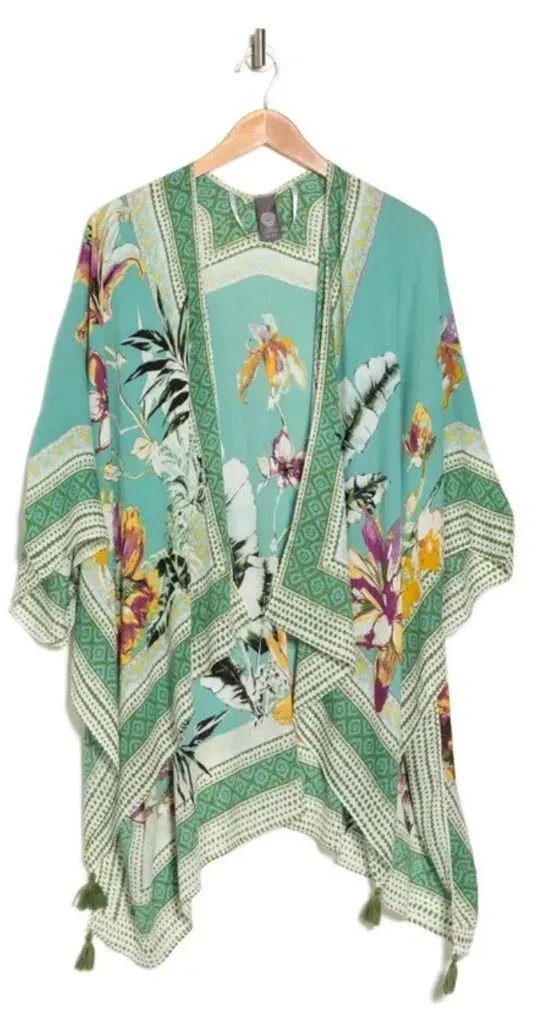 NWT Vince Camuto Tropical Bloom Topper Ruana Blue Floral Tassel Detail Cover Up - Image 2