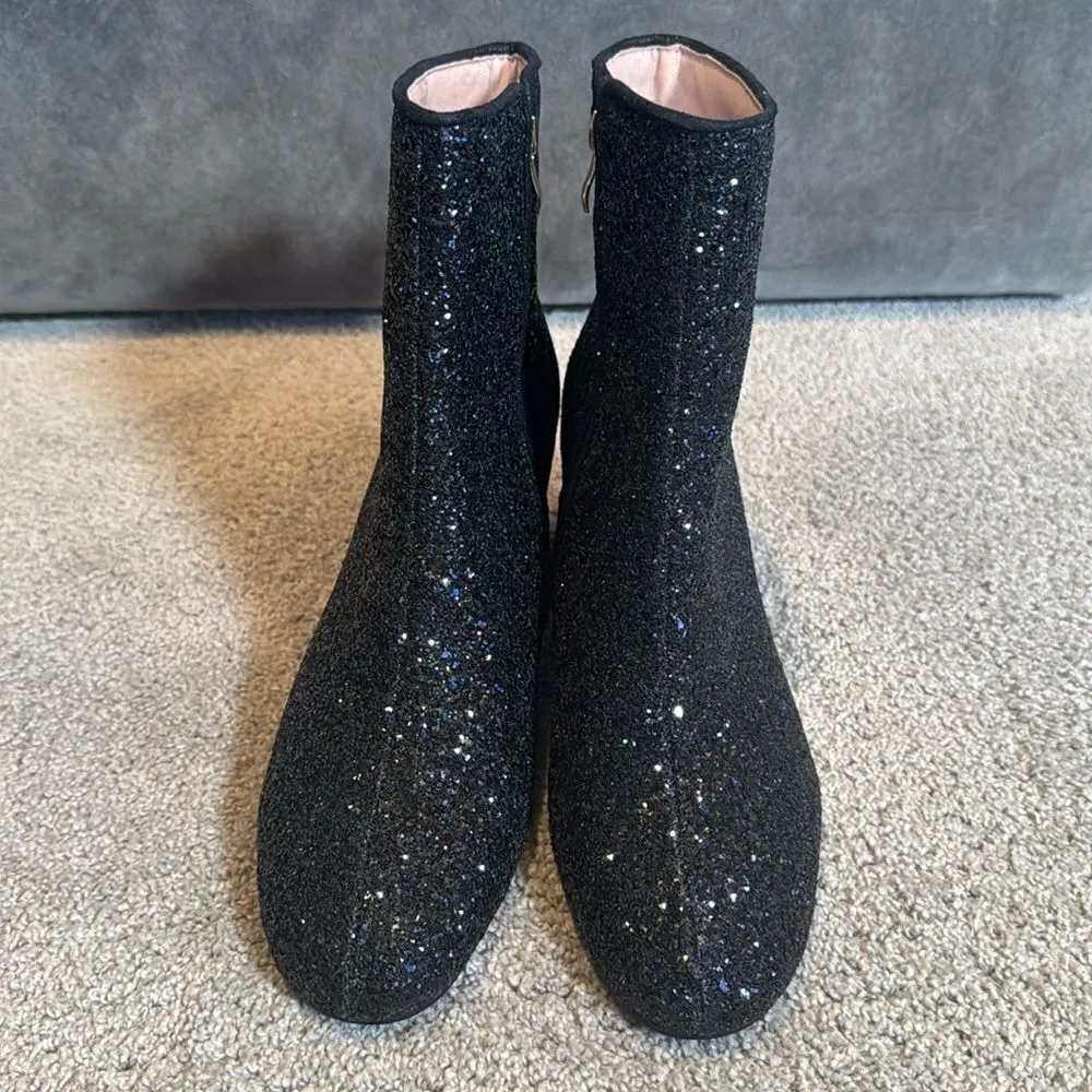 Women’s Black Glitter Covered Chunky Heeled Party Boots Zipper Size 10.5 NEW - Image 2
