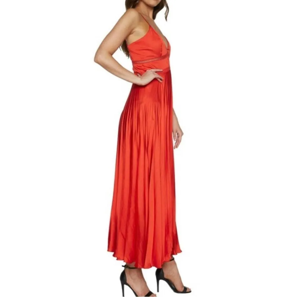 Bardot Red Satin Pleated Lattice Gown Midi Maxi Dress Size 4 Formal - Image 2