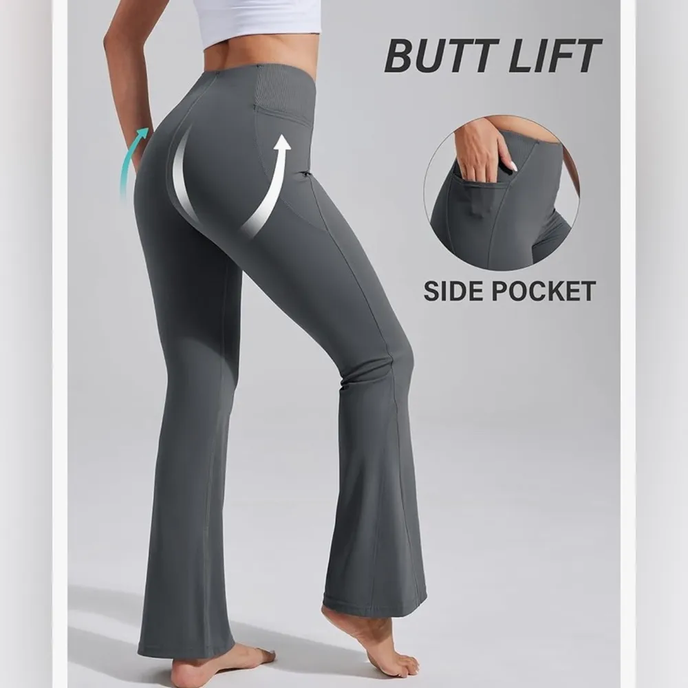 NEW Gray Flare Yoga Pants Bootcut Leggings Pockets High Waist Tummy Control S - Image 5