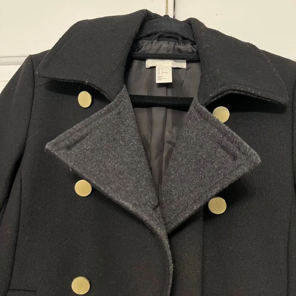 H&M Double Breasted Peacoat Wool Blend Jacket Black Gold Size 2 Buttons Warm Y2K - Image 6