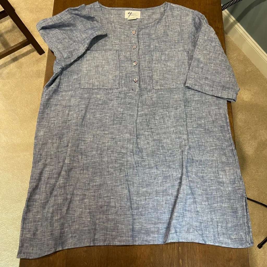 Andrea Jovine Linen Tunic Top Women's Size Large Relaxed Chambray Blouse Beachy - Image 8