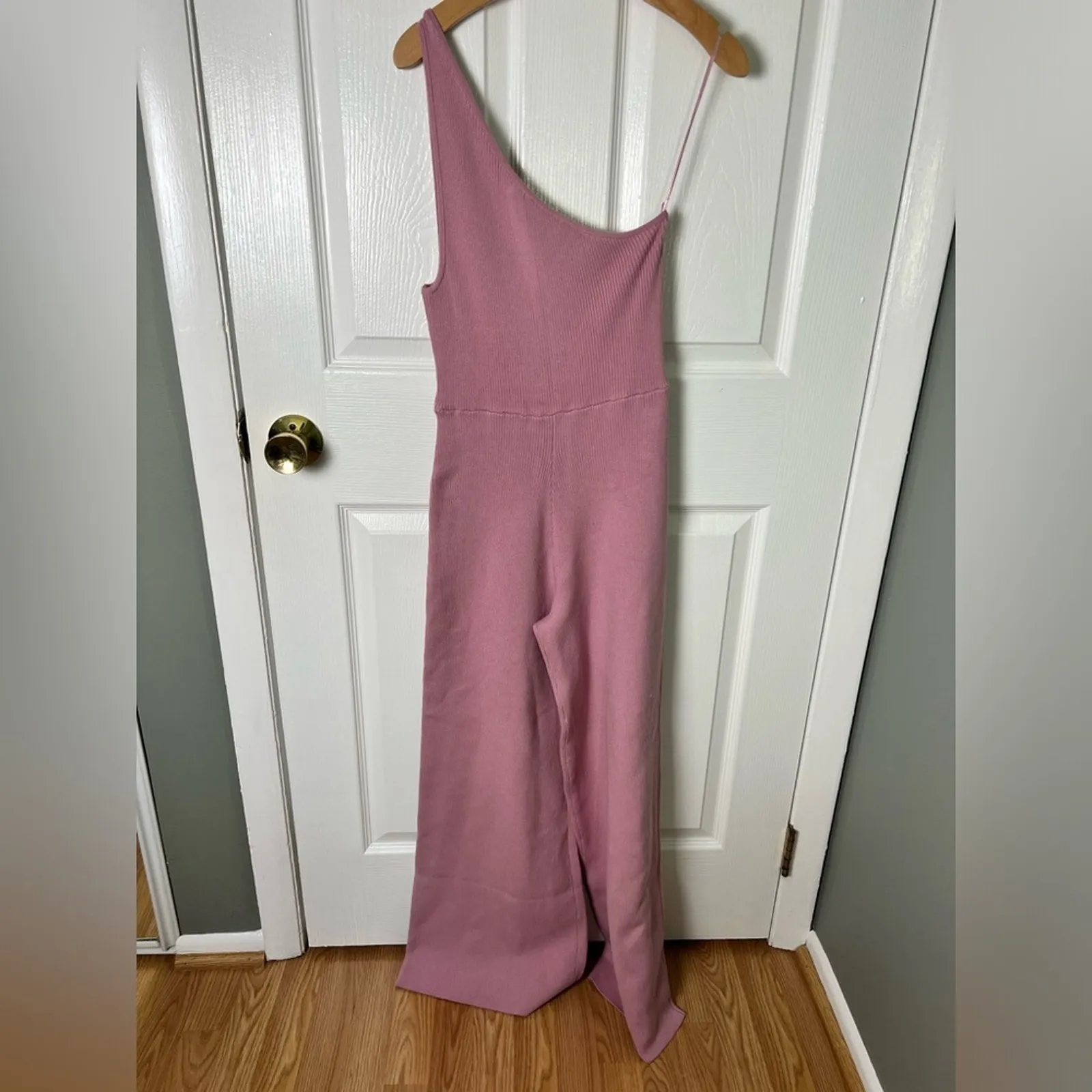 Free People Pink Cotton Blend One Shoulder Ribbed Waverly Sweater Jumpsuit S - Image 3