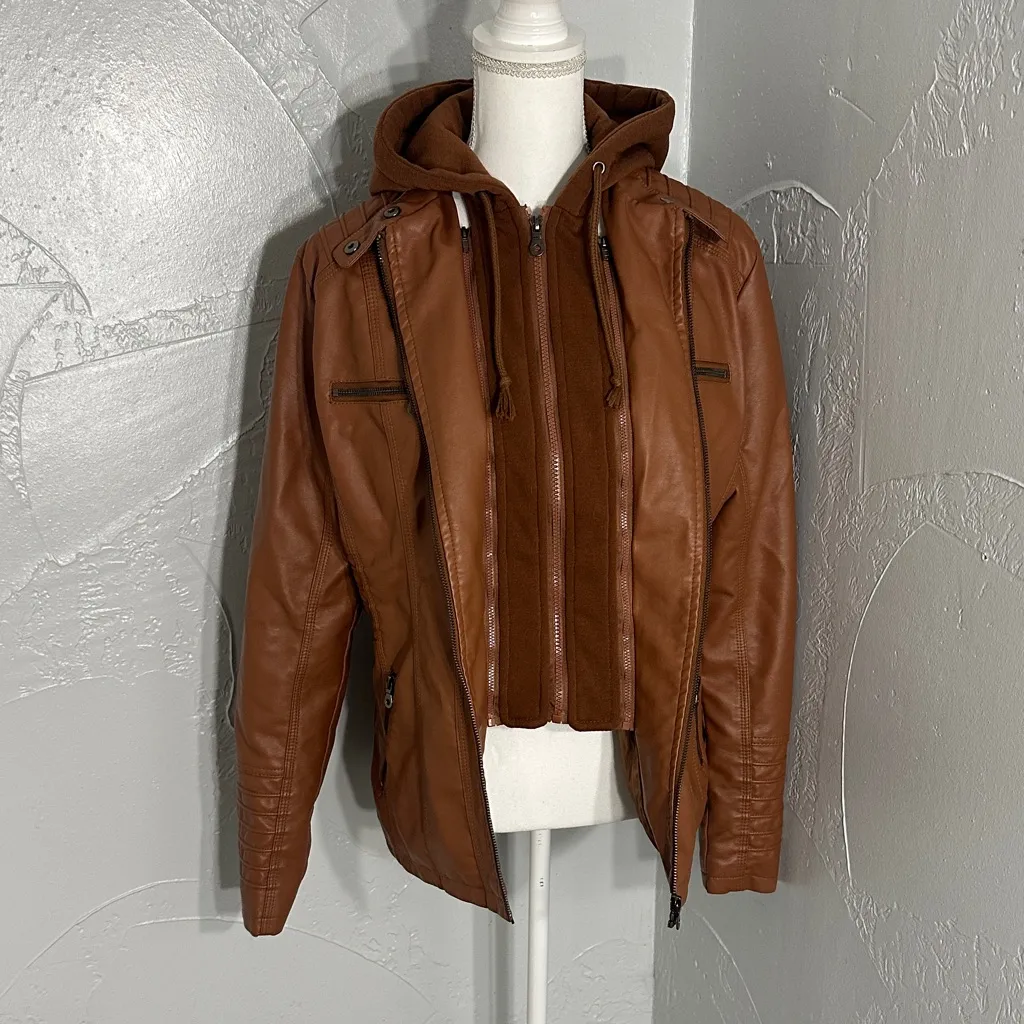 TAGOO Brown Faux Leather Jacket with Removable Hood. Size M - Image 5