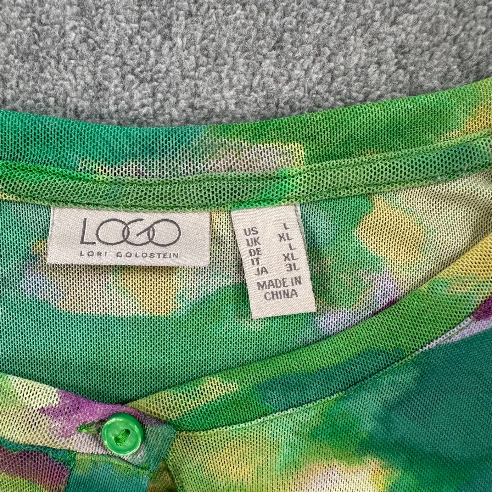LOGO Layers by Lori Goldstein Watercolor Printed Mesh Cardigan Size Large Green - Image 4