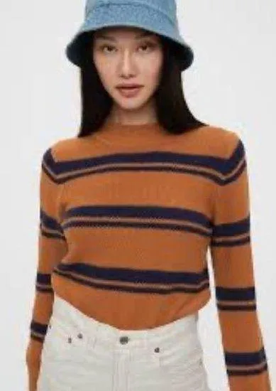 GAP mock neck brown blue textured sweater nautical fall preppy coastal grandma - Image 1
