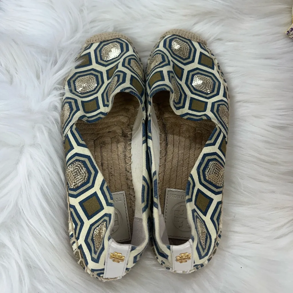 Tory Burch Cecily Embellished Espadrille Flats 6 Tan Canvas Sequin Rattan shoes - Image 7