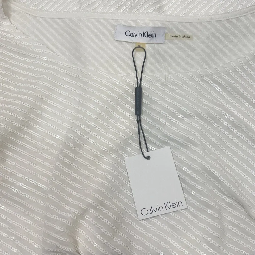 CALVIN KLEIN Women's White 3/4 Sleeve Crewneck Sequin Pullover Top XL Holiday - Image 4