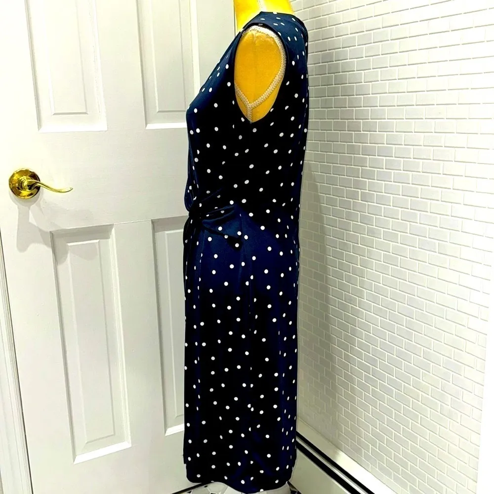 Banana Republic blue with white polka dots poly/spandex faux wrap dress. Size SP - Image 4