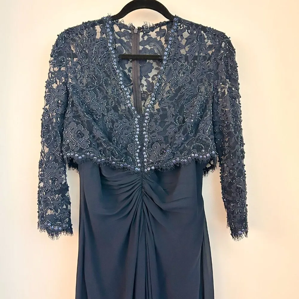 Tadashi Collection Silk Beaded Ruched Long Evening Gown Navy Blue Plus Size 16 - Image 3