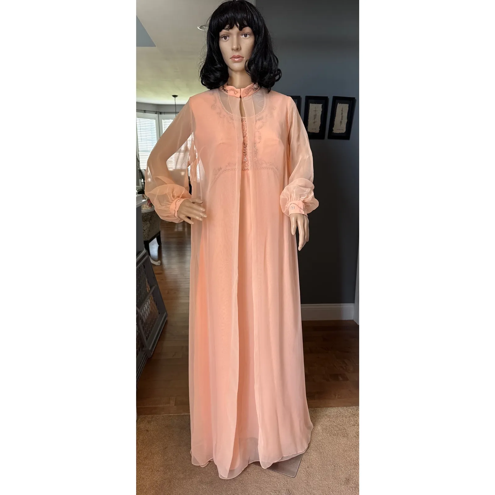 Vintage 1960s Elgin Peach Chiffon Dress & Sheer Overlay Set medium - Image 6