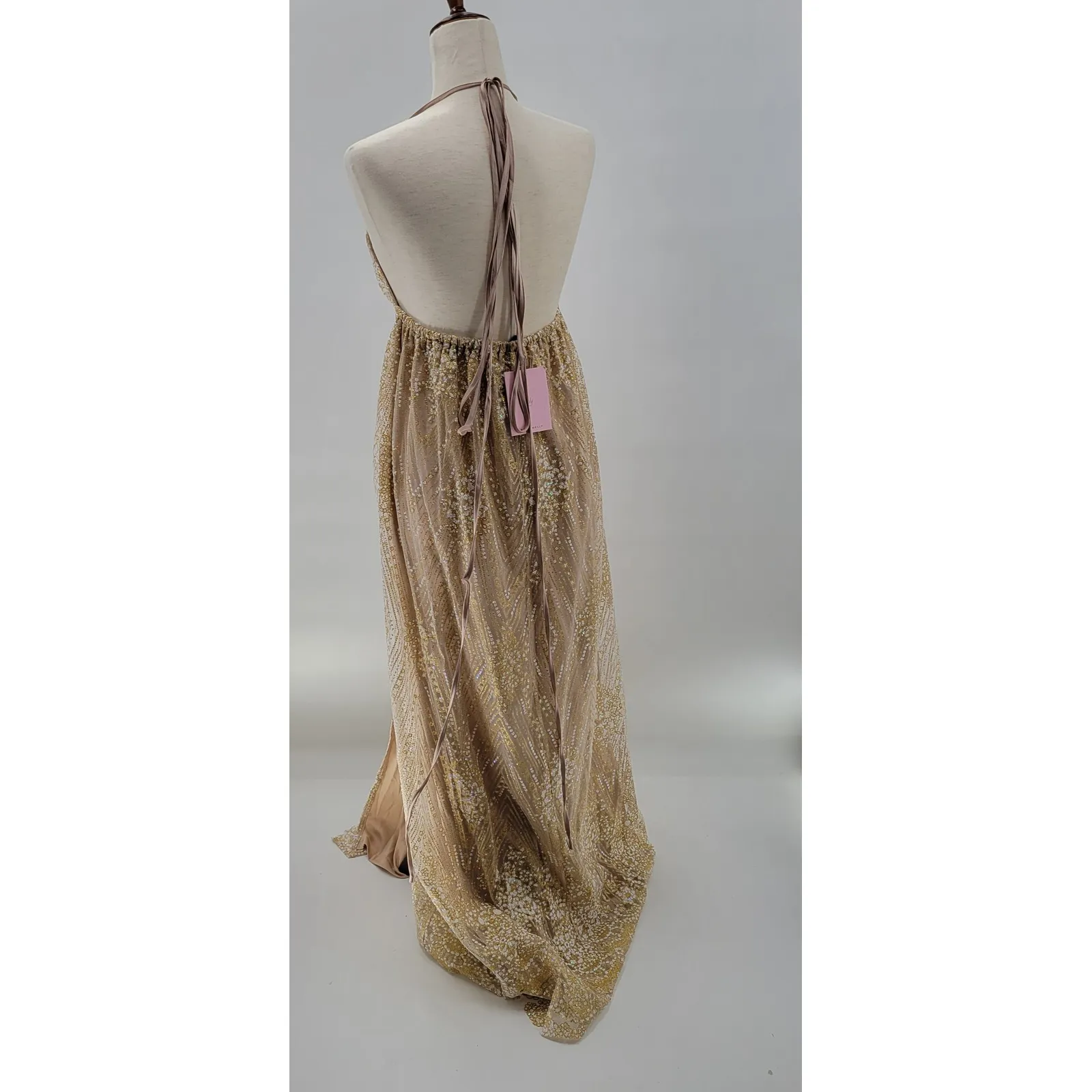 Hello Molly Gold Sequin Halter Prom Dress Small Open Back Formal High Slit NEW - Image 2