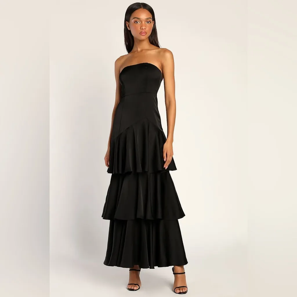 LULU’S Blissfully Beautiful Black Satin Strapless Tiered Maxi Dress - Image 6