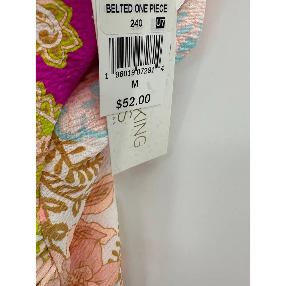 Breaking Waves Pink Floral Belted One Piece Swimsuit Women's Size Medium M NWT White - Image 5