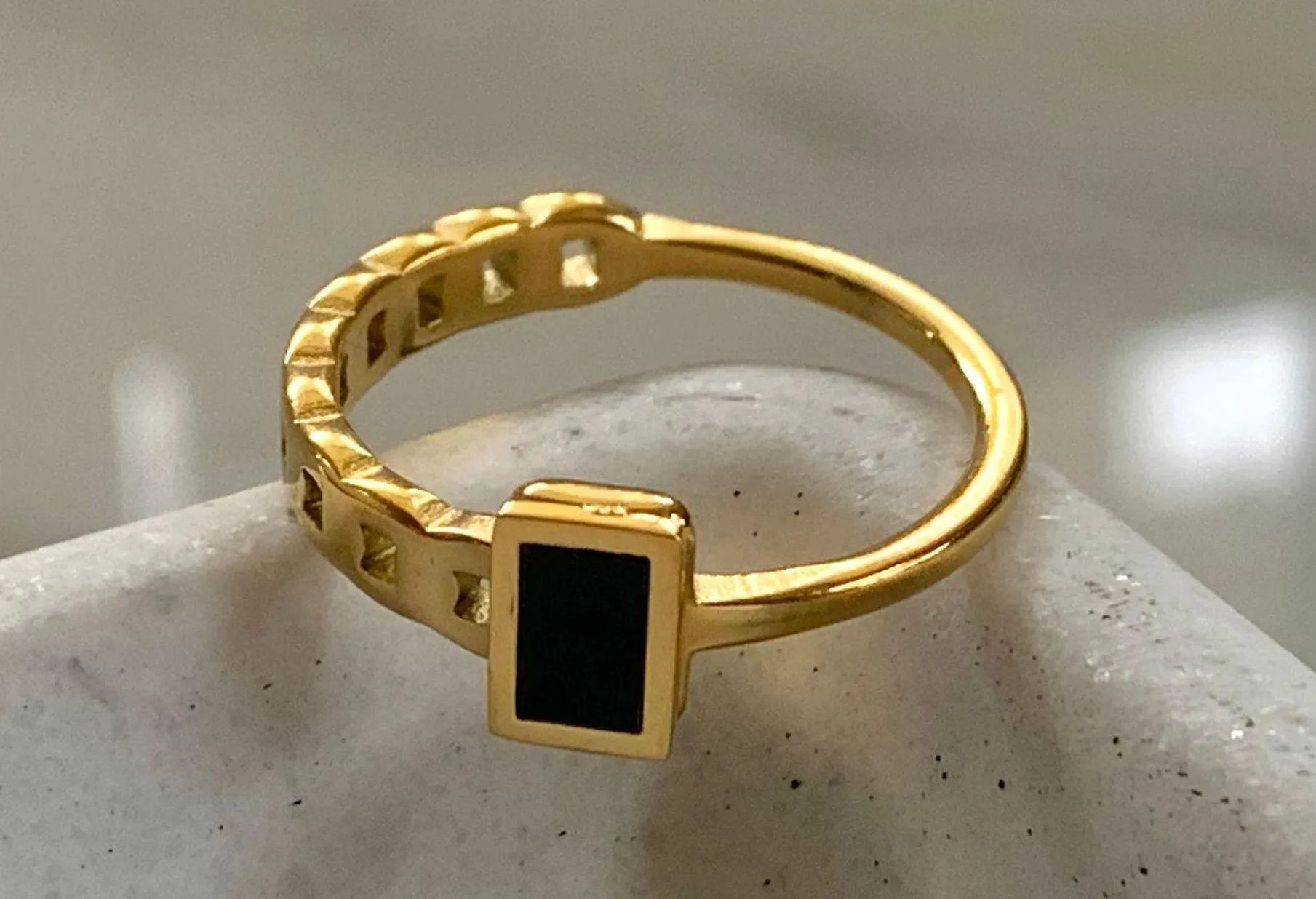 Black Enamel Ring, Black Band Ring, Gold Chain Ring - Image 5