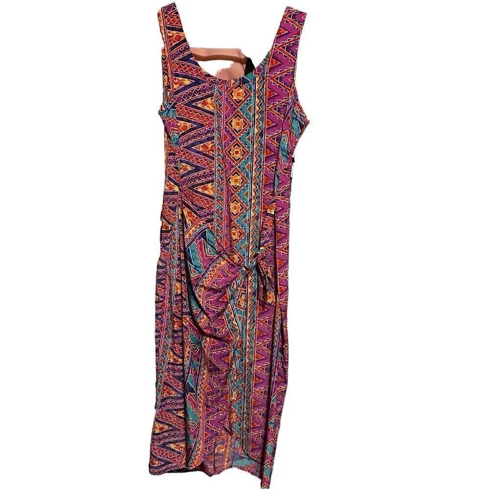 Vintage 90s La Belle Aztec Print Midi Dress Purple Magenta Boho Sz M Boho Indie Size M - Image 3