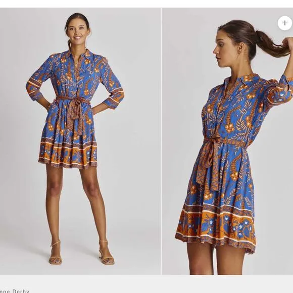 Rene Derhy Ainoa Waist Belted Three Quarter Sleeve shirt Dress Floral viscoe S Blue - Image 2