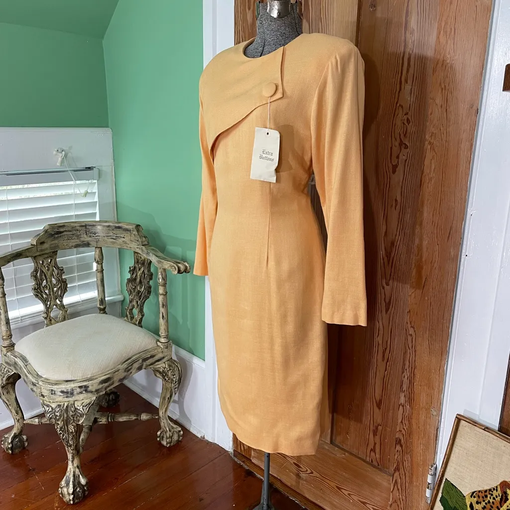 NWT Vntg 80s Barrie Pace LTD Peach Linen Blend Midi Dress Cocktail Workwear Sz M Orange Size M - Image 7