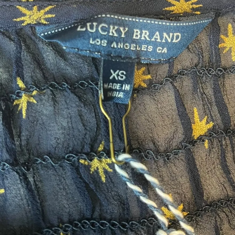 Lucky Brand Women's XS Peasant Top Navy Blue Gold Stars‎ Sheer Celestial - Image 5