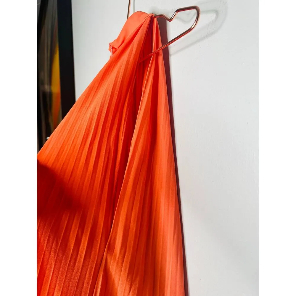 TOME COLLECTIVE Burnt Orange Accordion Pleated Mock Neck Midi Dress Size Small - Image 9