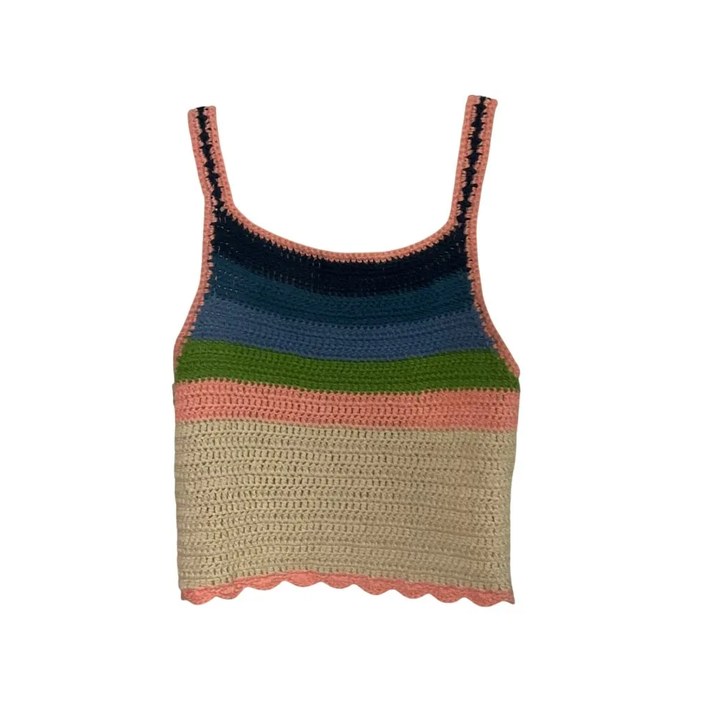 Pol Woven Crochet Tank Top Multi-Color  Pink Trim Natural Navy Blue Medium - Image 12