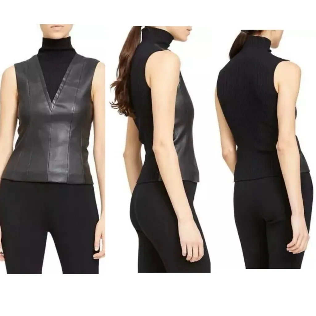 Theory Urban ST Lamb Leather Sleeveless Ribbed Top Womens‎ Size Small Black NEW - Image 2