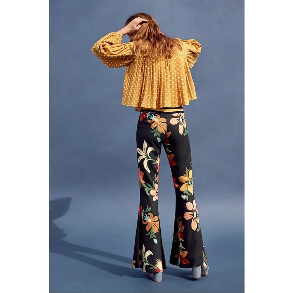 Farm Rio Calla Flared Pants Black Floral Size XS Anthropologie - Image 10