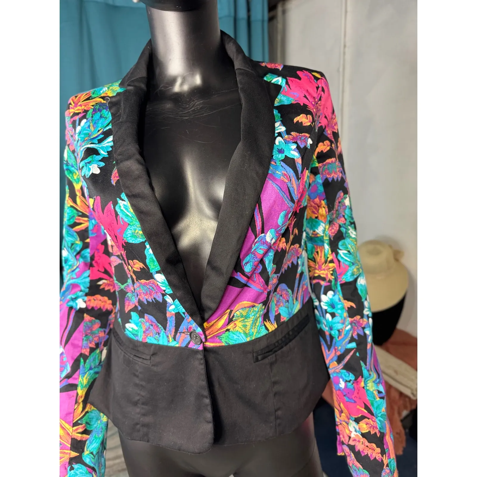 Nicole Miller Colorful Floral Blazer XS Black Tropical Print Party Jacket - Image 6