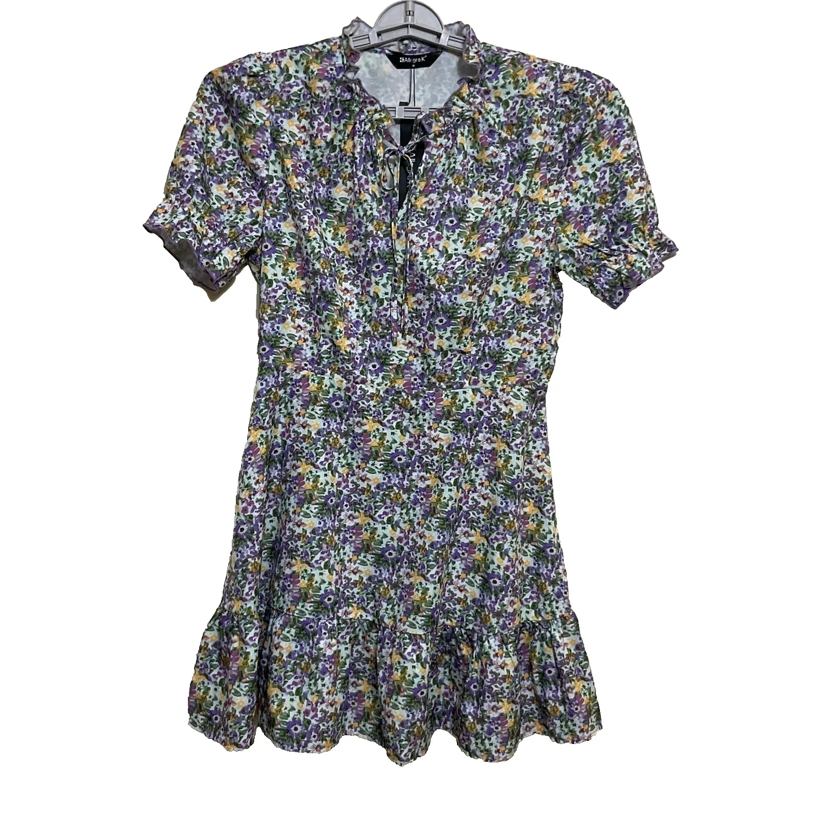 Allegra‎ Ruffle floral Chiffon Tie Neck Puff Short Sleeve women's smoke dress M - Image 2