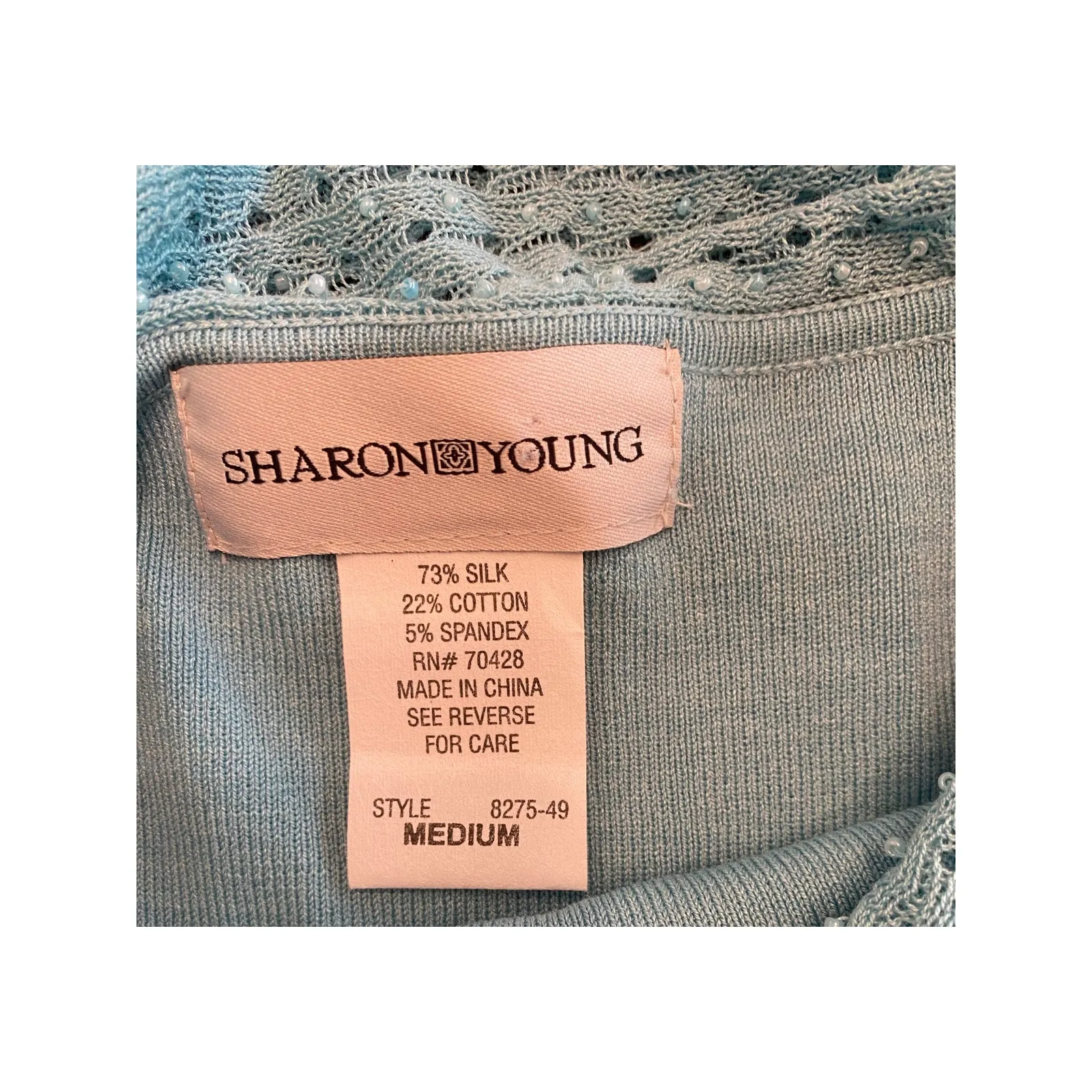 NWT Sharon Young Blue Off Shoulder Beaded Sweater Med Silk Blend Elegant Top - Image 7