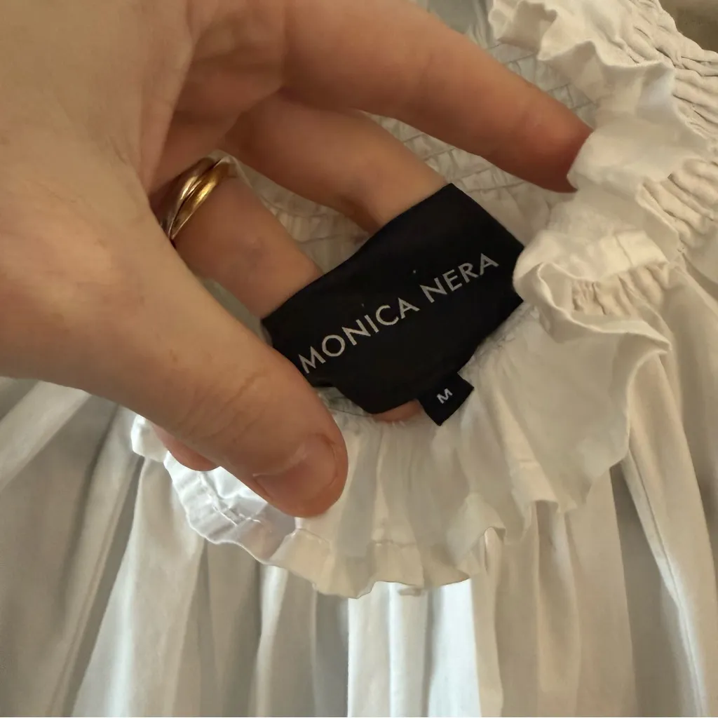 Monica Nera White Smocked Ruffle Cotton Blouse Tunic Size M Size M - Image 4