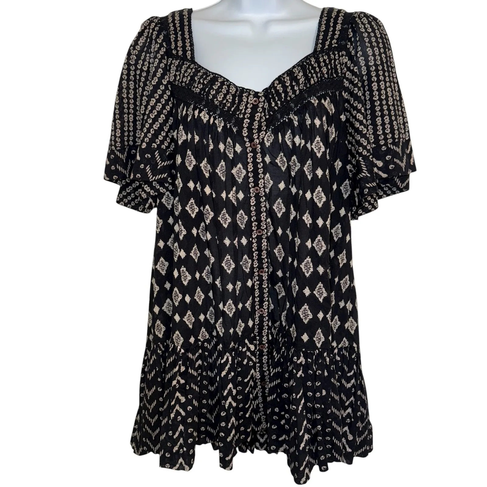 FREE PEOPLE Hearts Desire Black Ivory Print Square Neck Ruffle Hem‎ Mini Dress S - Image 2