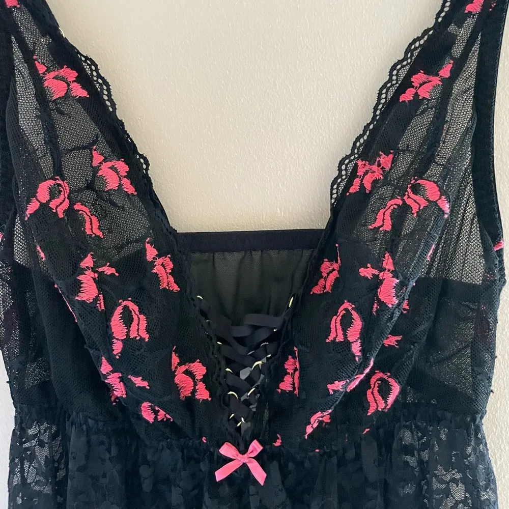 Cacique Lingerie Babydoll Nightgown Women’s Sheer Lace Black/Pink Size 12 A11 - Image 5