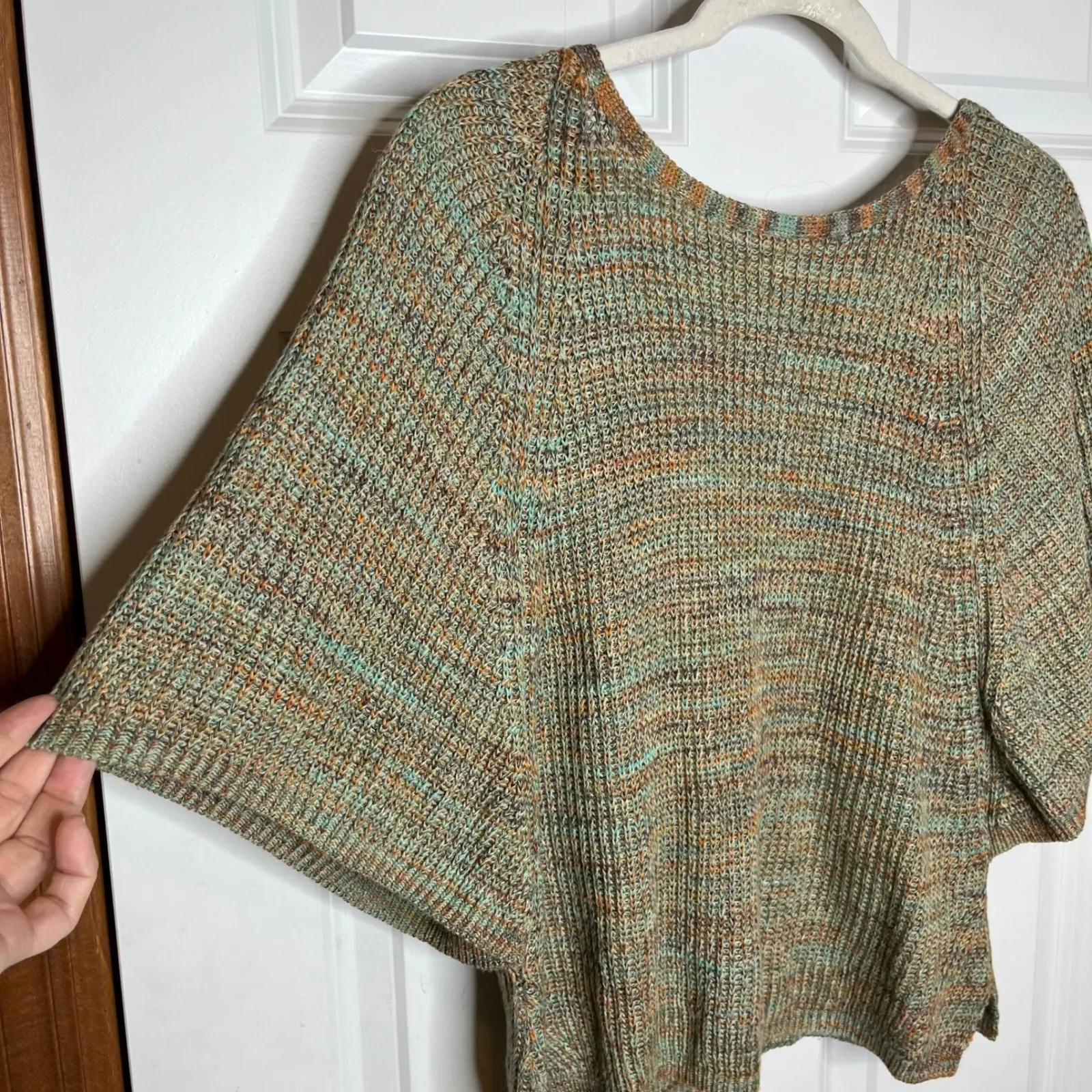 Anthropologie Small LINEN Blend Marled Knit V-Back Dolman Sleeve Sweater Green - Image 5