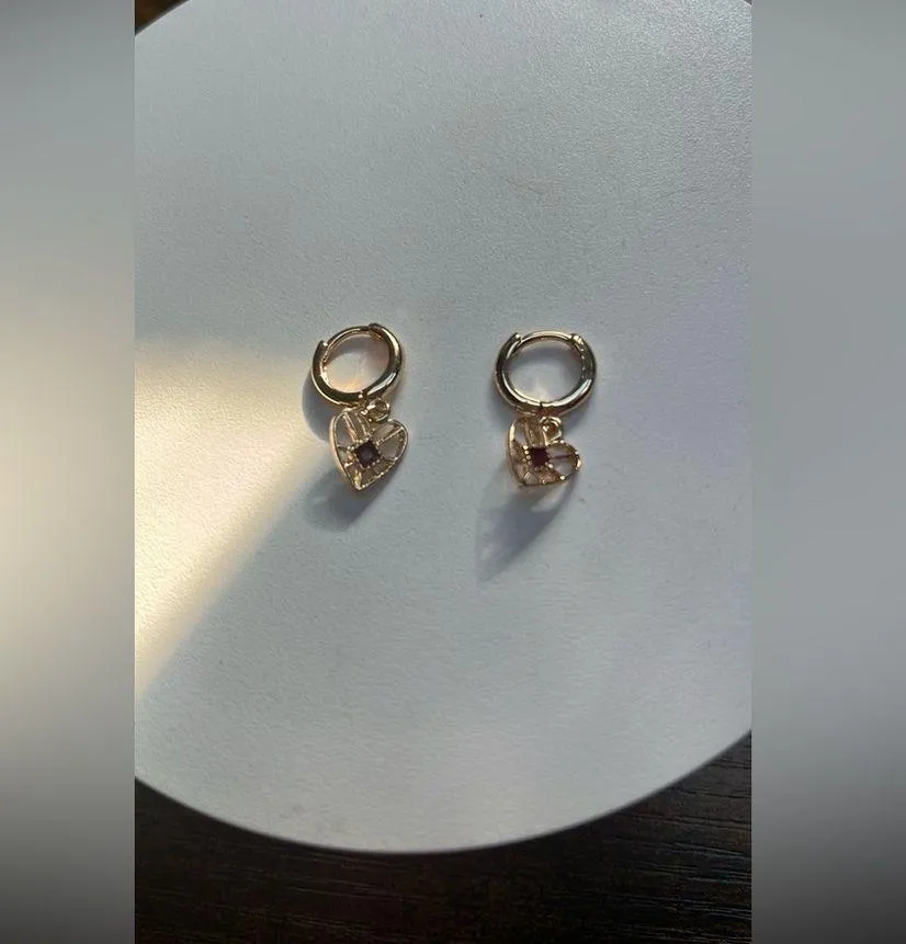 Open Heart With Red Rhinestine Gold Huggie Earrings - Image 4