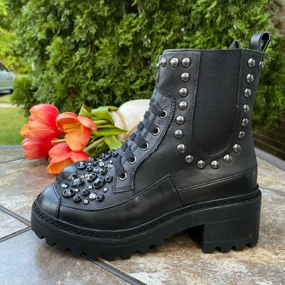 New KARL LAGERFELD PARIS Black Breck Studded Leather Moto Combat Boot Size 6 - Image 1