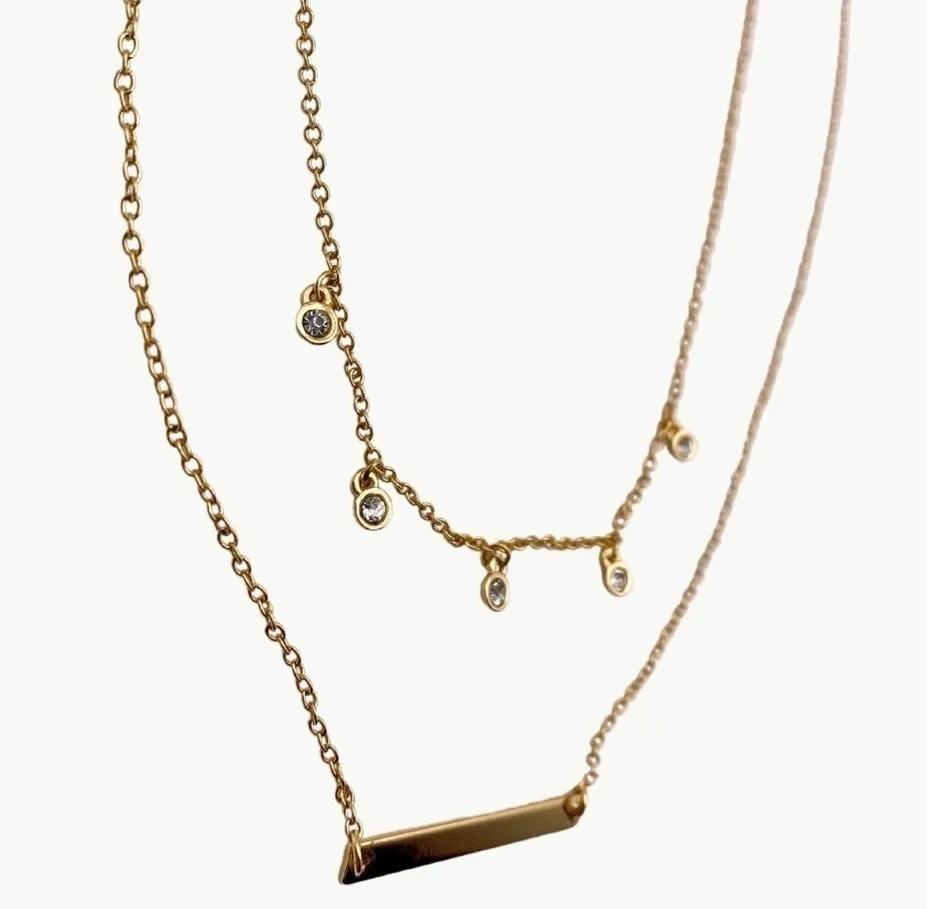 FOSTERIE Women's Dainty Double Layered Gem Bar Necklace, Gold - Image 3