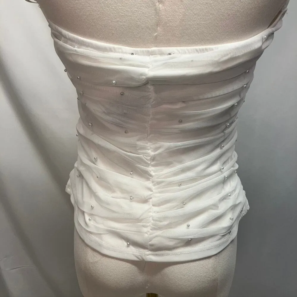 Lulus Flirty Glamour White Mesh Pearl Strapless Crop Top Juniors XL Stretchy - Image 5