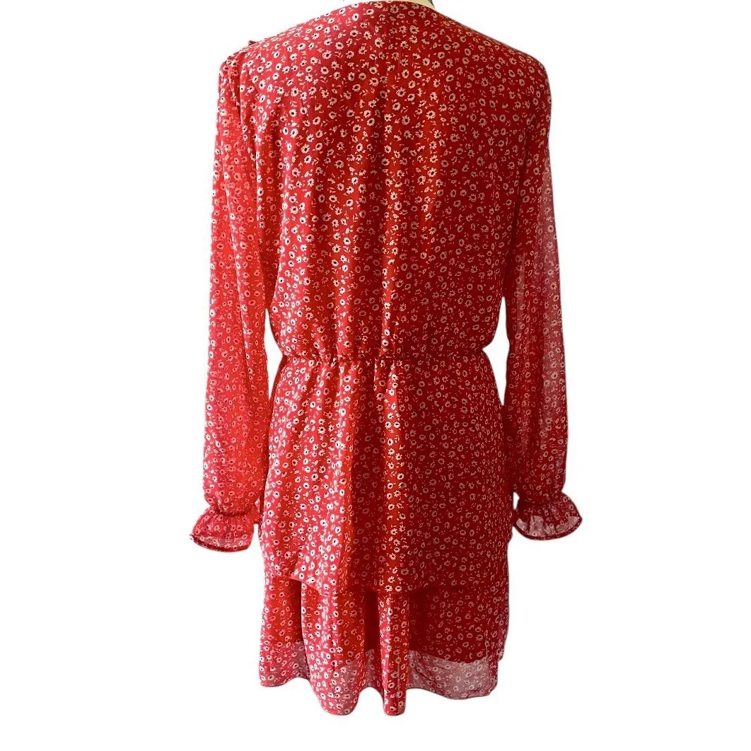 H&M Divided‎ Red Ruffle Floral Mini Dress Long Sleeve Tiered Women's M - Image 4