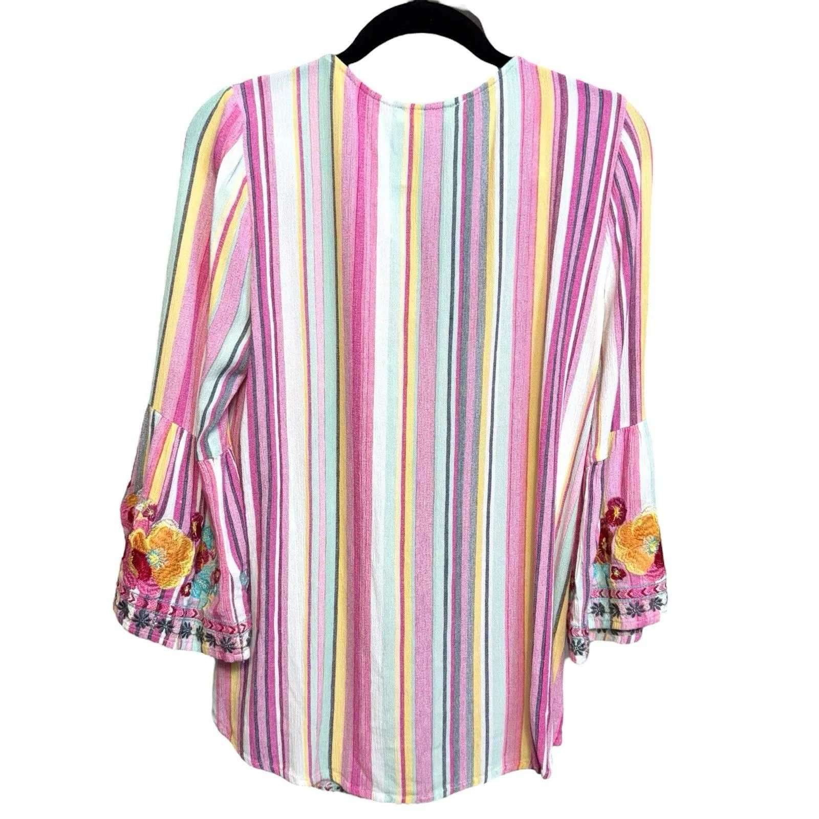 Andree Boho Floral Heavily Embroidered Tunic Top Size S Striped Bell Sleeve - Image 7