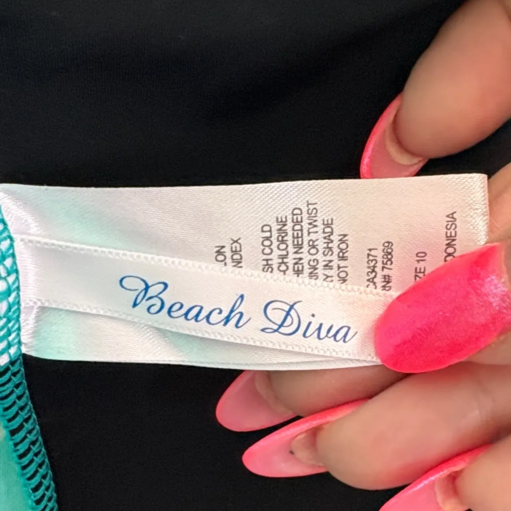 Beach Diva Teal Geometric Halter Tankini Top Blue Size 10 - Image 16