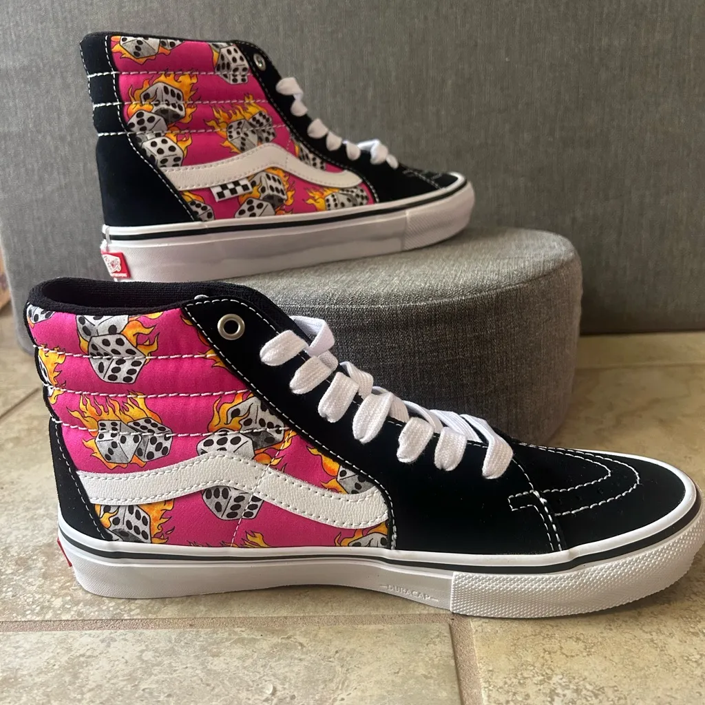 NWOT Vans High-Top Sneakers, Pink and Black Flame Dice, men’s 7.5 women’s 9 - Image 3