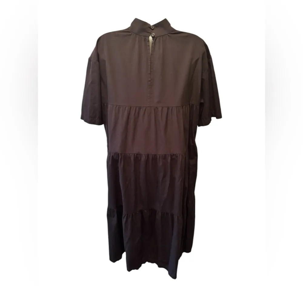 Cotton Popover Tiered Midi Dress Sz M Black High Neck Cottagecore Loose - Image 7