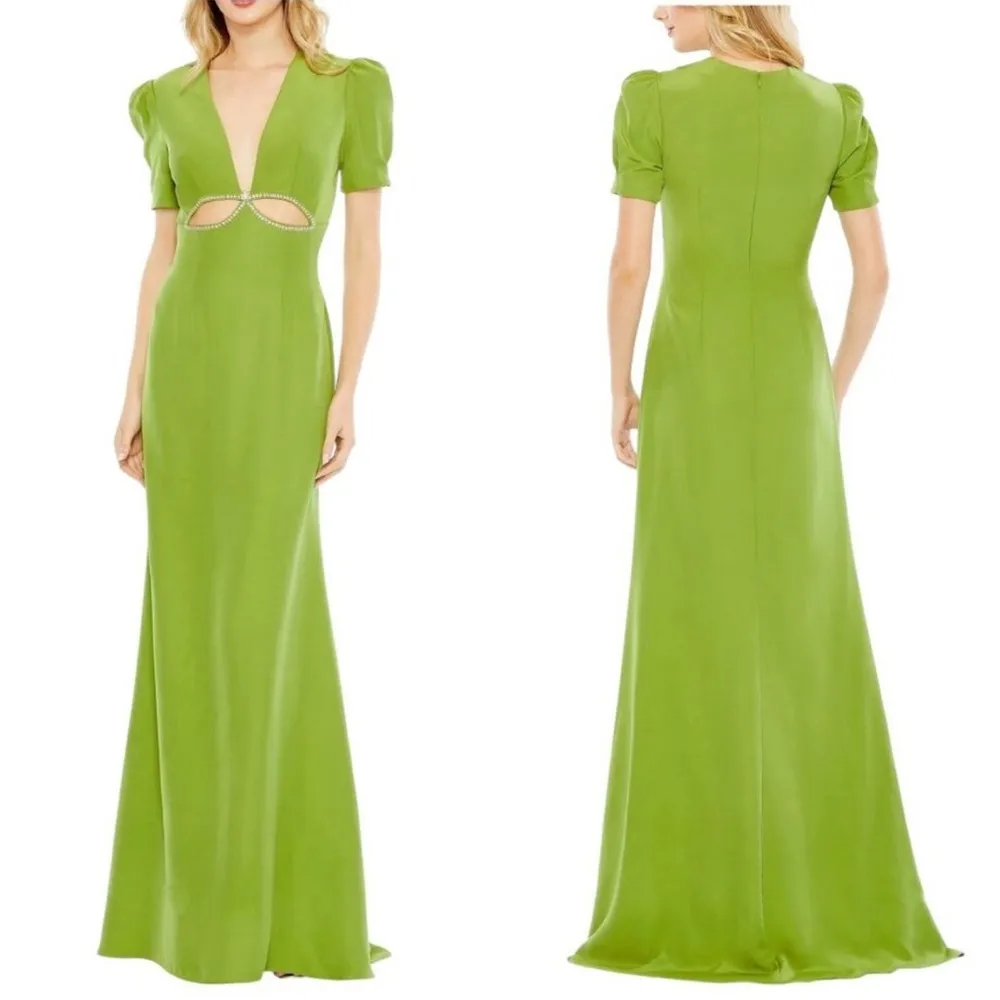 MAC DUGGAL PUFF SLEEVE EMBELLISHED CUTOUT EVENING GOWN 2630 Apple Green Size 6 - Image 4