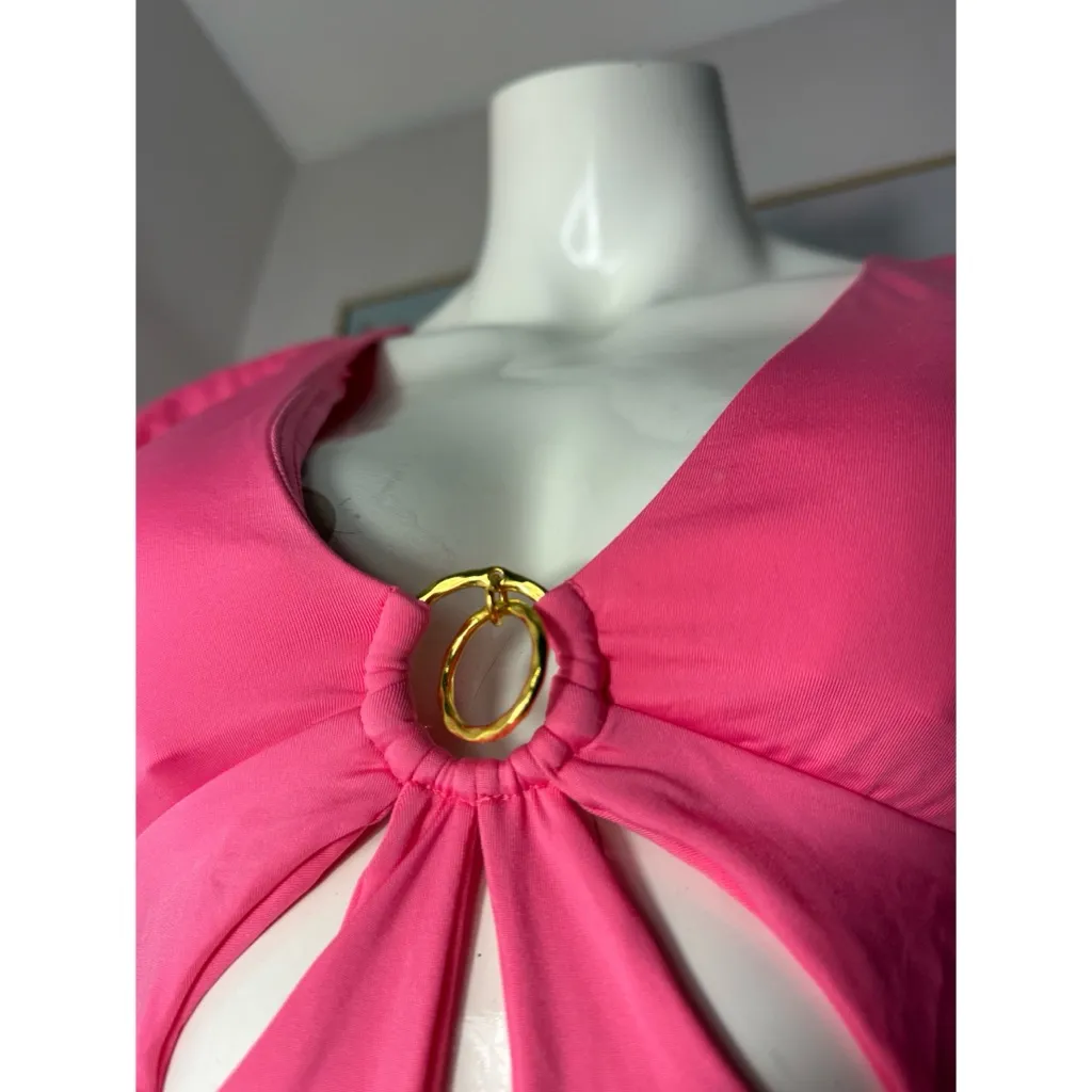 Trina Turk Pink Flutter Sleeve V-Neck One Piece Swimsuit Geranium Size 14 XL - Image 5